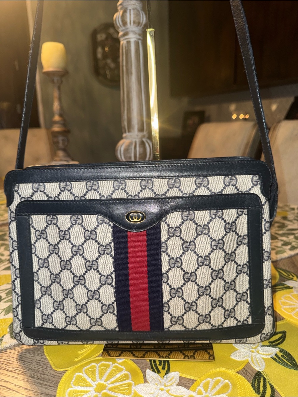 Timeless GUCCI Sherry Line Blue GG Canvas Crossbody with Navy Leather Trim